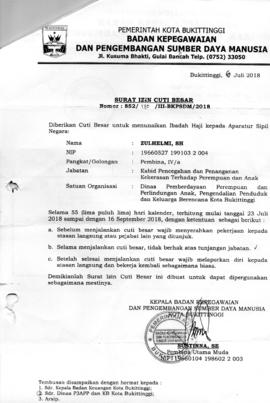 Surat Cuti ASN  an. Zulhelmi, SH selama 55 hari TMT 15 Agustus s/d 3 September 2018