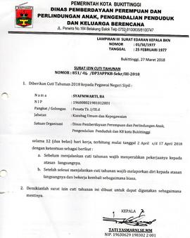 Surat Cuti ASN  an.Syafniwarti,BA selama 12 Hari TMT 2 April s/d 17 April 2018