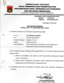 Surat Cuti ASN  an. Siti Indones,Amd.Keb selama 3 Hari TMT 28 Mei s/d 31 Mei 2018