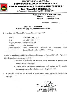 Surat Cuti ASN  an. Zuzi Yulia,Amd.Keb Selama 12 Hari TMT 15 Agustus s/d 3 September 2018