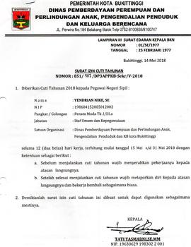 Surat Cuti ASN  an.Yendrian Nike, SE  selama 12 hari TMT 15 Mei s/d 31 Mei 2018