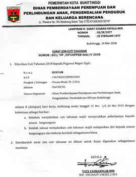 Surat Cuti ASN  an. Rustam selama 8 hari TMT 15 sd/ 24 Mei 2018