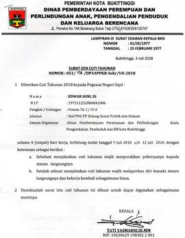 Surat Cuti ASN  an. Eward Soni, SE selama 4 hari kerja TMT 9 Juli s/d 12 Juli 2018