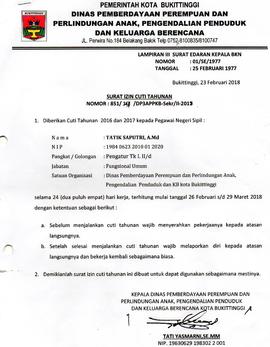 Surat Cuti ASN  an.Tatik Saputri, A.Md selama 24  hari TMT 26 Februari s/d 29 Maret 2018