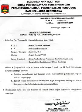 Surat Cuti ASN  an Nirza Sasmita, S.Sos, MM selama 4 hari TMT 9 s/d 15 April 2018